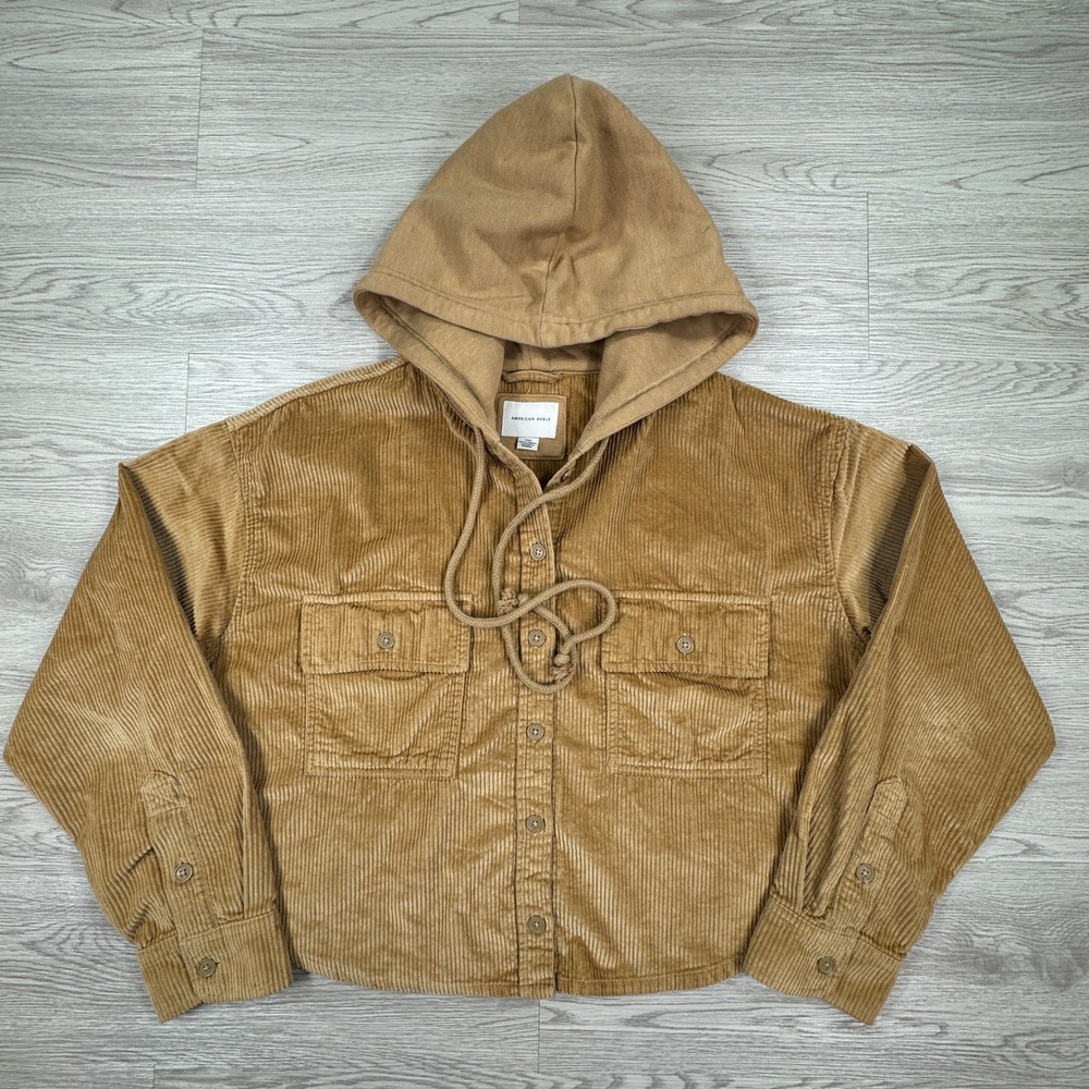 American‎ Eagle Women's Shirt Jacket Corduroy Hooded Tan Large Cropped Shacket